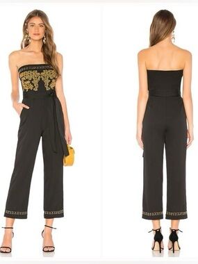 TulaRosa Emma Strapless Black Jumpsuit with Gold Embroidered Bodice